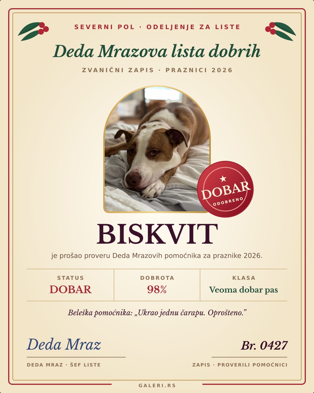 Primer sertifikat liste dobrih za Biskvita